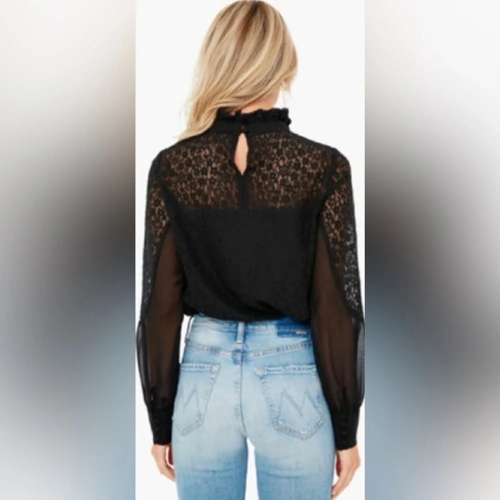 Tuckernuck Black Lace High-Neck Sheer Puff-Sleeve Quiet Luxury Blouse